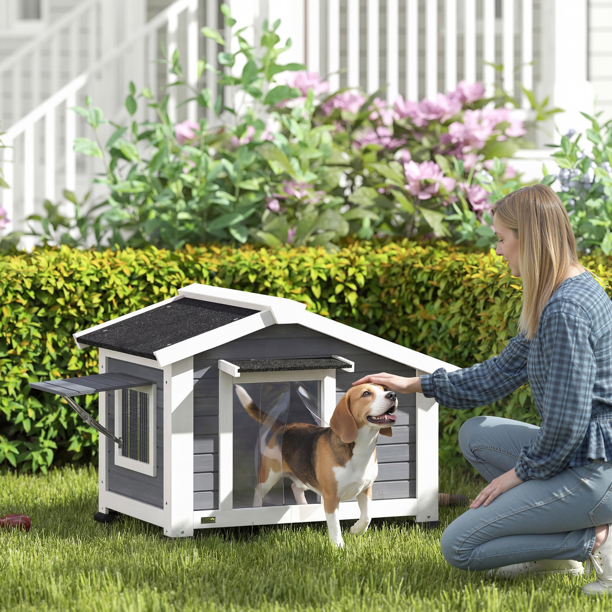 Pawhut Cuccia cane in legno impermeabile con tetto asfalto, 98x76x69,5 cm, Grigio   Aosom Italy