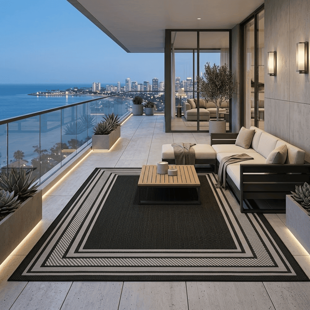 Lara Black Indoor Outdoor Rug with Cream Border, 213x152cm