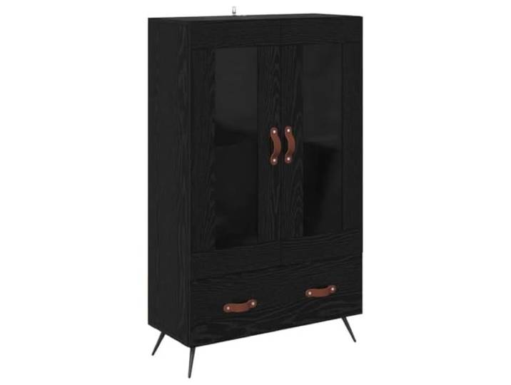 GHVBNMF Highboard Schwarz Eichen-Optik, 69,5 x 31 x 115 cm Schicker Kommodenschrank aus Holzwerkstoff und Glas mit Ledergriffen. Bietet viel Stauraum im Wohnzimmer oder Flur.