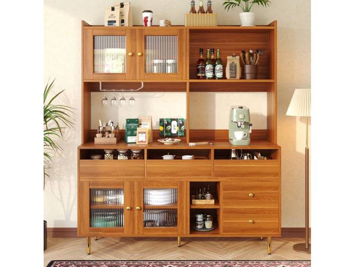 Buffet Haut avec 4 Portes 6 Tiroirs et Range-Verres - pour Salle a Manger - en MDF - 145×39×171 cm - Marron Noyer