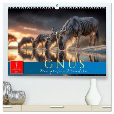 Gnus - die großen Wanderer (hochwertiger Premium Wandkalender 2026 DIN A2 quer), Kunstdruck in Hochglanz