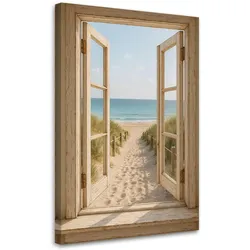 LEINWANDBILD Blick aus einem Fenster auf den Strand 80x120cm