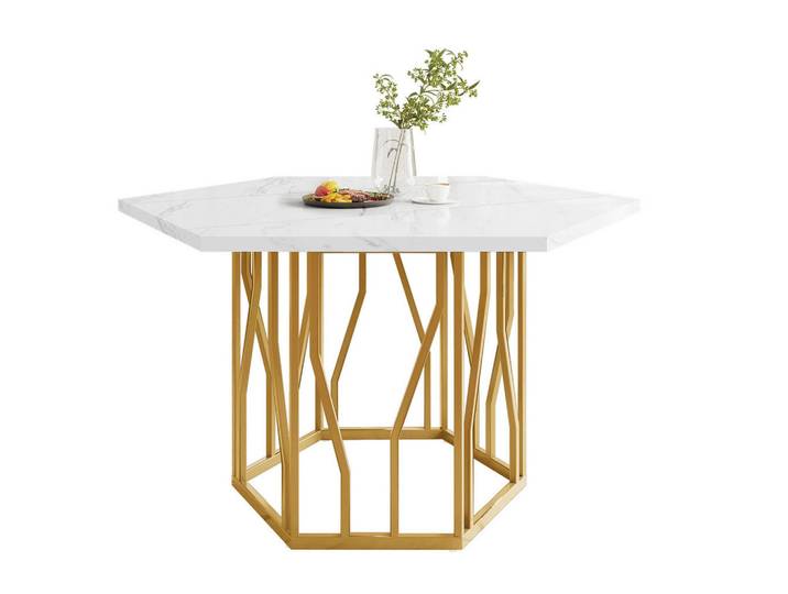 Modfu Esstisch 115x100x75 cm in Weiß und Gold aus MDF mit Marmoroptik, Goldfarben, 100x75x115.5 cm, Esszimmer, Esstische