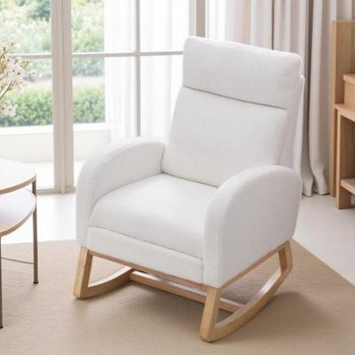 Modern Teddy Fabric Rocking Lounge Chair with Adjustable Footrest & Headrest, Nursery Glider Armchair with Side Storage Pocket