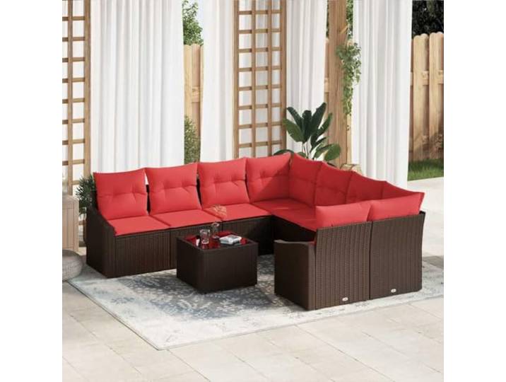9-Piece Poly Rattan Sofa Set 3-Seater Brown Red with Adjustable Table Modulares 9tlg Set, UV-bestaendiges Poly-Rattan, Stahlrahmen pulverbeschichtet, verstellbarer Tisch, abnehmbare Kissen