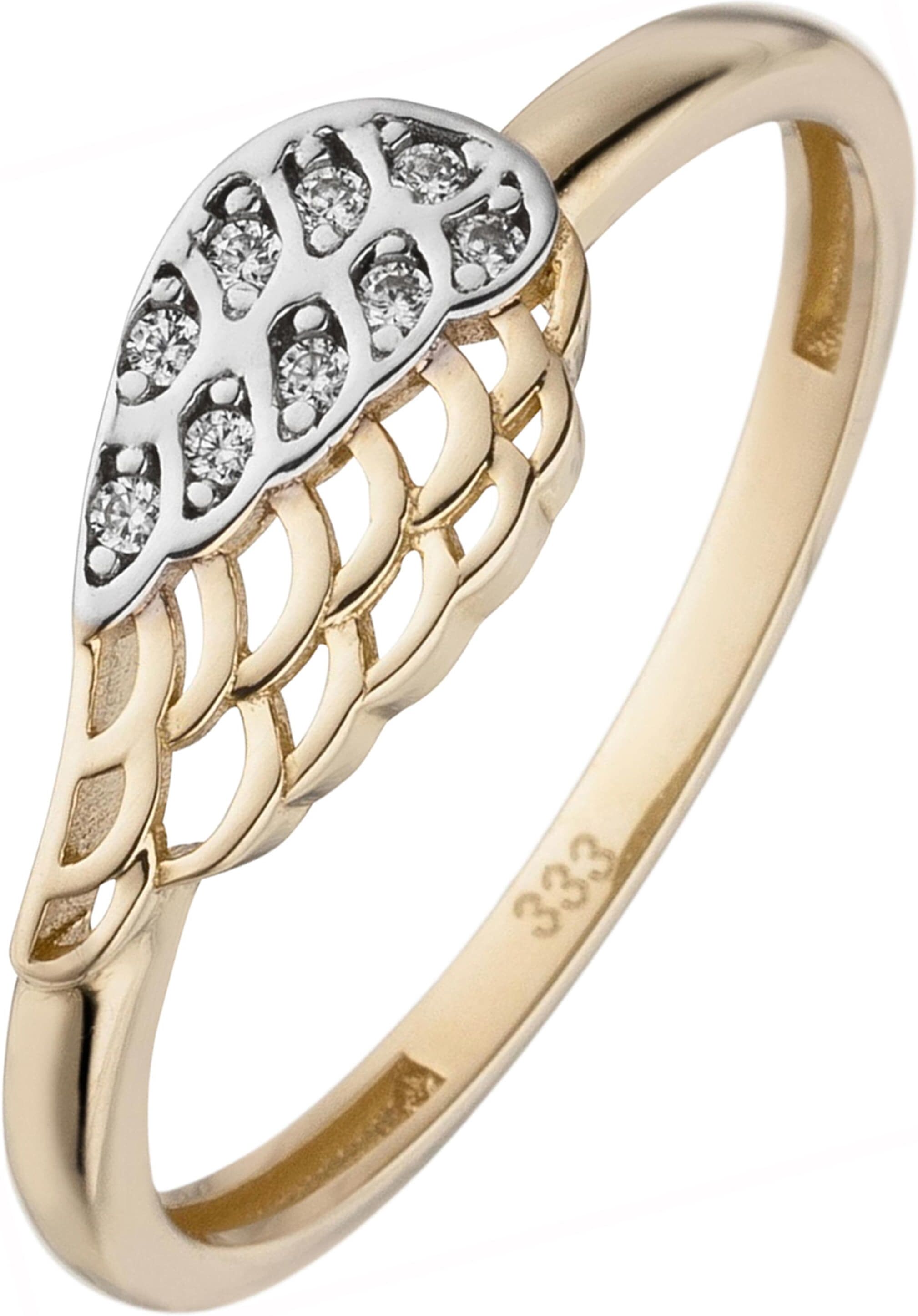 Fingerring JOBO "Flügel" Gr. 58, gold (gelbgold 333), Fingerringe, Damen, 58, Gelbgold 333, Fingerring, 333 Gold bicolor mit 9 Zirkonia