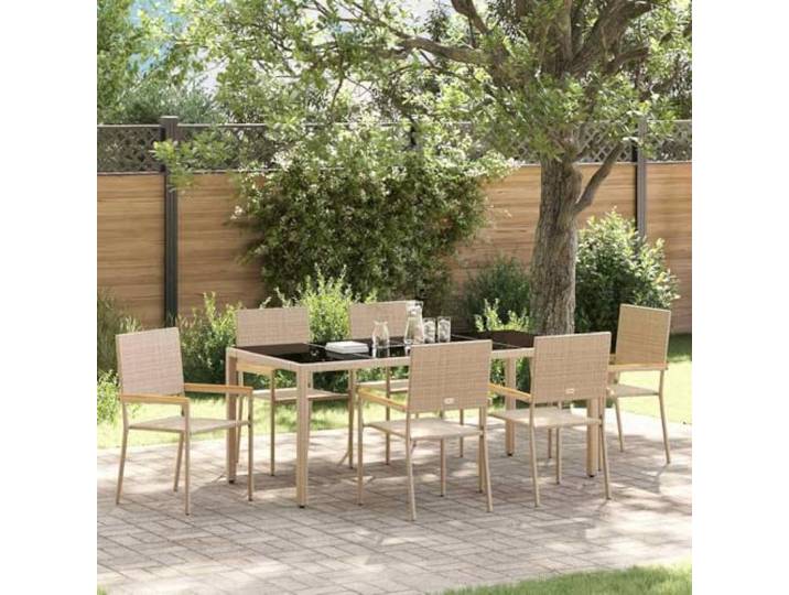 TUERYAFEK Garten Essgruppe 7 pcs Beige Poly-Rattan Wetterfest, Sicherheitsglas-Tischplatte, Akazienholz Armlehnen, Stahlrahmen, für Terrasse und Balkon