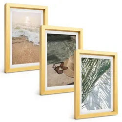 BILDER SET 3er Set - 20x30 cm Goldrahmen - Strandhut und Sonnenbrille