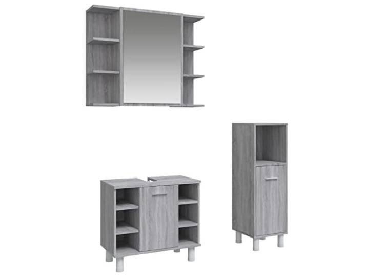 Tmriohed 3-tlg Badmöbel-Set Grau Sonoma aus Holzwerkstoff fürs Bad Dreiteilige Badkombination mit Spiegelregal, Waschbeckenunterbau und Standschrank für Ihr Badezimmer.