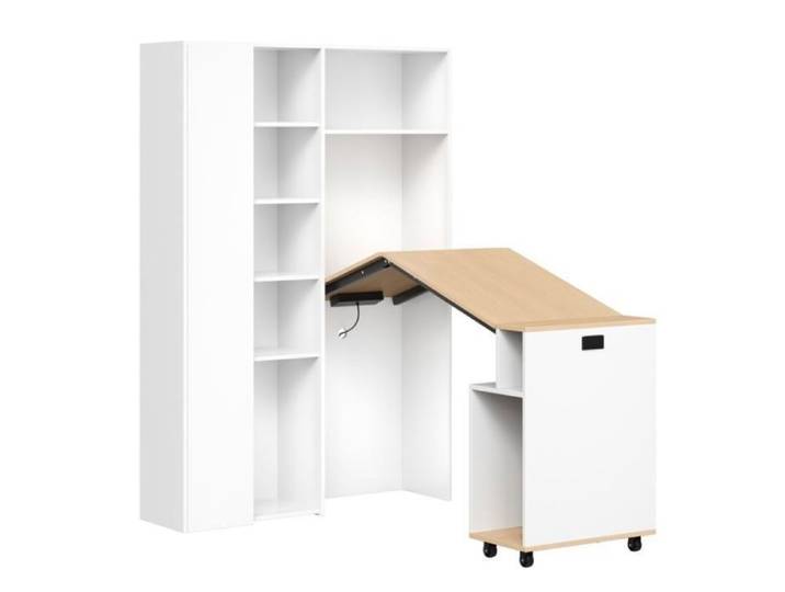 Bureau d'angle pliable multifonction 104 5x30 5x160cm blanc port de charge USB étagères ajustables Bureau d'angle