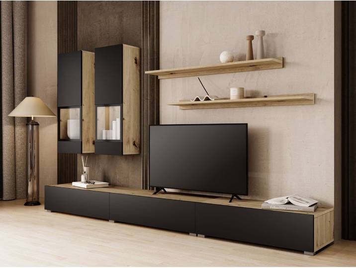 Mur tv-hifi BABEL 5 portes chêne artisan/noir mat