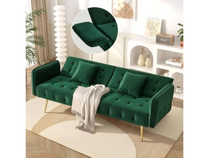 Merax 2-Sitzer Sofabett mit Bettfunktion, Verstellbarer 3-Stufen-Rückenlehne & 6-Stufen-Armlehnen, modernes Faltsofa, Hochdichteschaum, Holzrahmen, platzsparend für Wohnzimmer, Veloursbezug, Grün