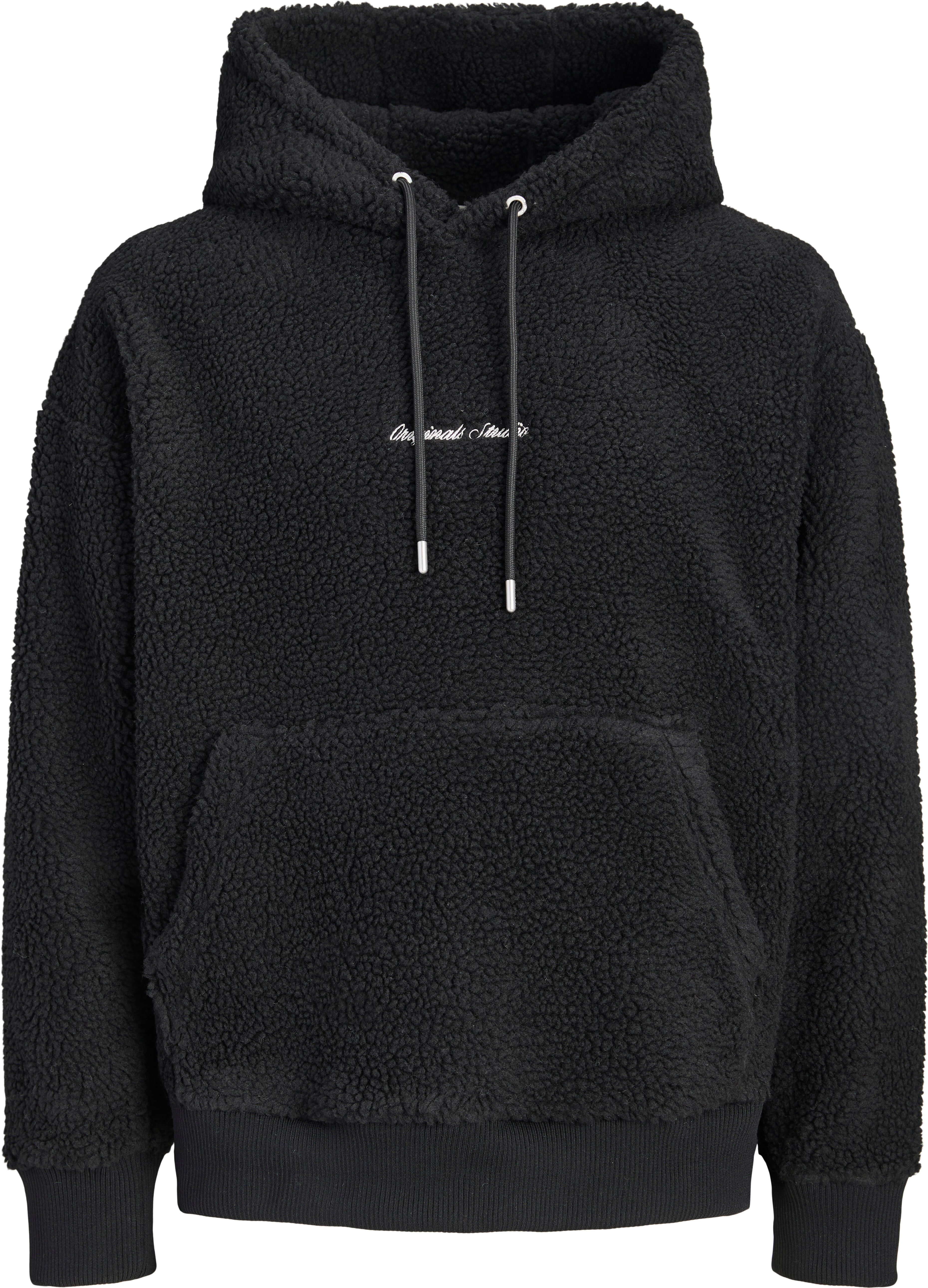 Kapuzensweatshirt JACK & JONES "JORNORREBRO EMB TEDDY SWEAT HOOD", Herren, Gr. XS, schwarz, angeraute Sweatware, Obermaterial: 100% Polyester, unifarben, regular fit normal, Rundhals, Rippbündchen, Sweatshirts Kapuzensweatshirt, Kunstfaser schwarz XS