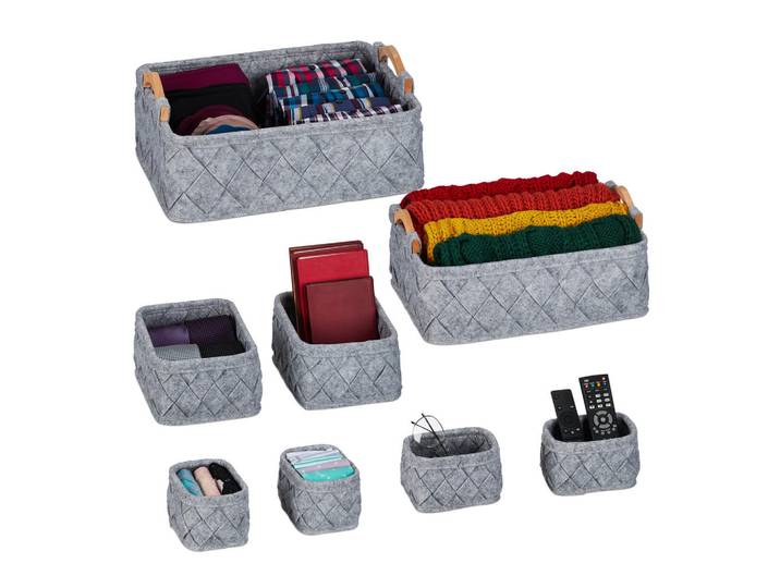 Relaxdays Schrankorganizer Hellgrau Filz 8er-Set, Grau, Holz, 42x19x31 cm, Schlafzimmer, Kleiderschränke, Schrankzubehör, Schubkasteneinsatz