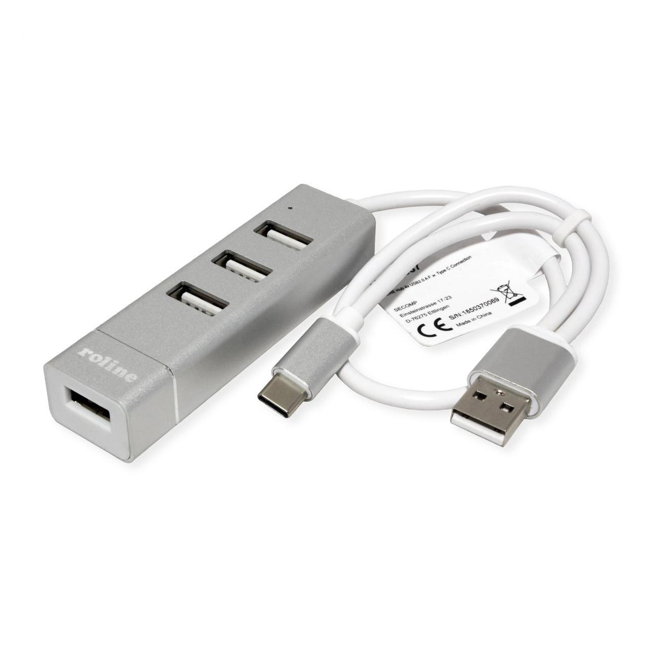 Roline USB 2.0 Notebook Hub, 4 Ports, Typ A+C Anschlusskabel (USB-C, 4 Ports) (14.02.5037)