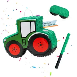 Relaxdays Pinata Traktor mit Stab und Maske Dunkelgrün,Rot,Schwarz