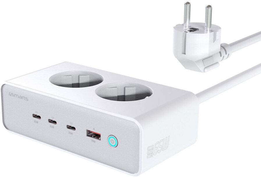6-i-1 Bordoplader - 4smarts - 65W - 2x AC-stik / 3x USB-C / 1x USB-A - Hvid