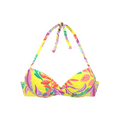 Push-Up-Bikini-Top S.OLIVER "Mallorca", Damen, Gr. 36, Cup A, gelb (gelb, bedruckt), Recycling-Polyamid, bedruckt, Bikini-Oberteile, in Wickeloptik