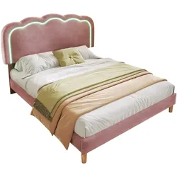 Polsterbett 140x200 cm mit LED-Umgebungsbeleuchtung und verstellbarem Kopfteil – elegantes Design in Rosa