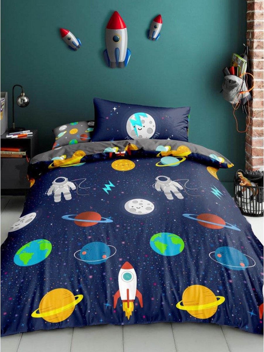 Space Kinderdekbedovertrek 1-persoons met kussensloop - Blauw - Ruimtevaart Raket Astronaut - 140x200 cm