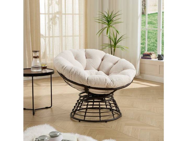 Fauteuil Papasan 92x67 cm EVRYAE - pivotant 360 degres coussin epais en tissu cotele - Blanc