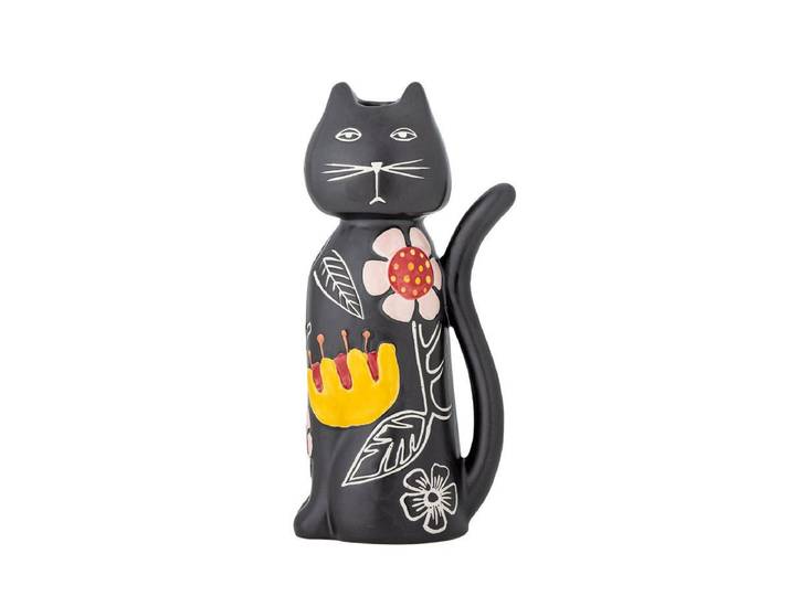Kerzenhalter Nera – Handbemalte Katzenfigur mit floralen Akzenten - Schwarz - Luxusbetten24