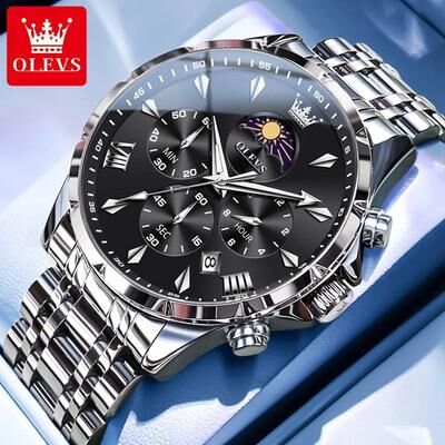 Uplifted Goods Luxury Mens Chronograph Watch With Moon Phase And Waterproof Design sliver Black Face