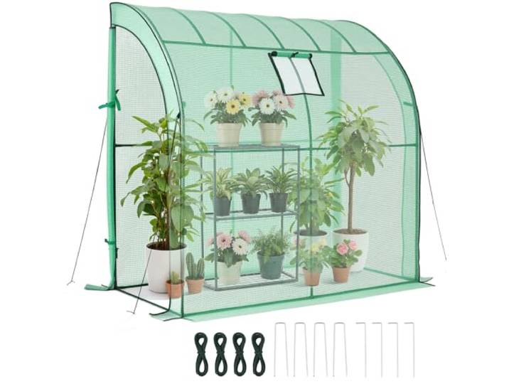 VEVOR Serre de Jardin avec Étagère 3 Niveaux Serre de Jardin Adossée pour Plantes et Fleurs en Pot\, avec Bâche PE\, Portes à Fermeture Éclair Enroulables\, Charge par Niveau 15 kg\, 198x100x200 cm\, Vert