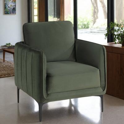 "30"" Velvet Accent Chair with Vertical Channel Tufting and L-Shaped Metal Legs and Removable Back Cushion"