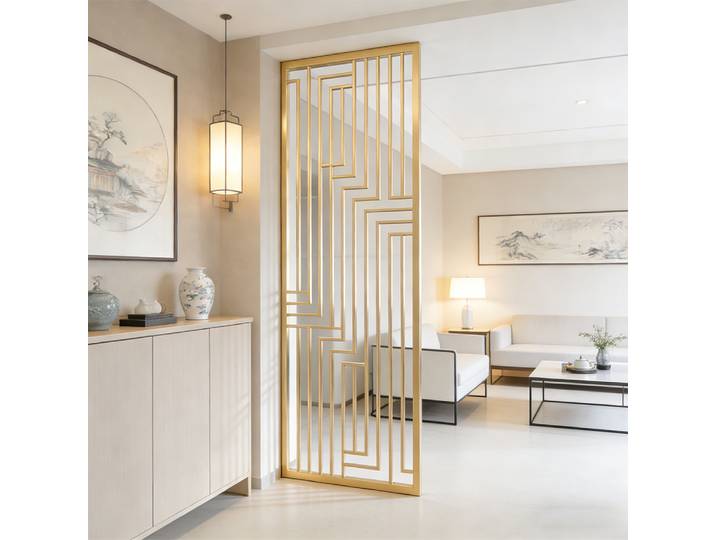 Paravent décoratif de style moderne en métal doré, cadre en acier inoxydable, écran tissé