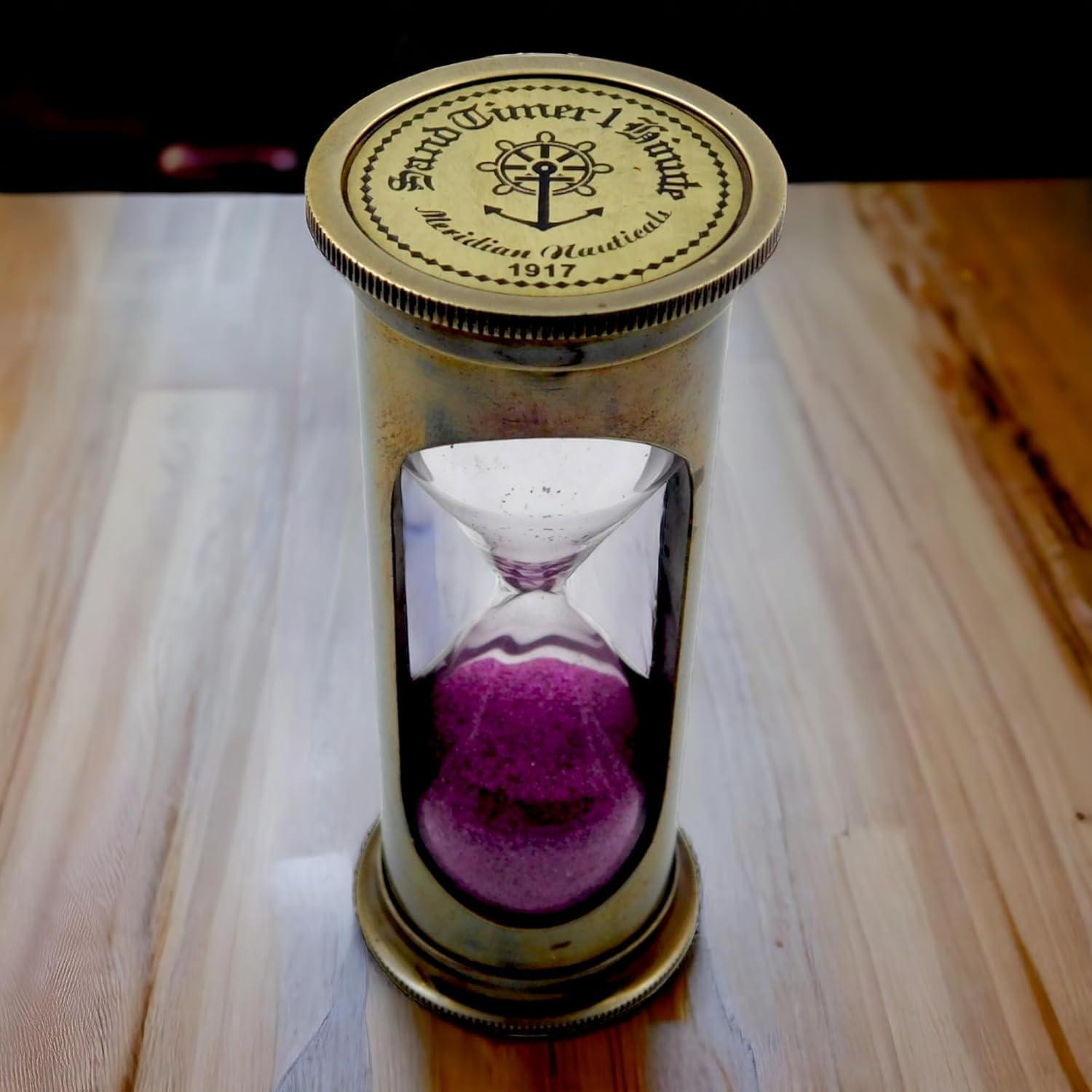 Dripio Koperen zandloper met paars zand voor tabletop decoratie