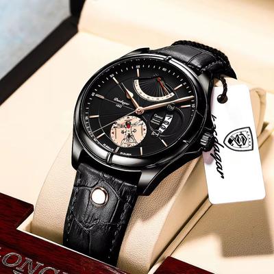 Inspired Finds POEDAGAR Luxury Quartz Watch For Men With Leather Strap, Luminous Dial And Waterproof Business Design black Black