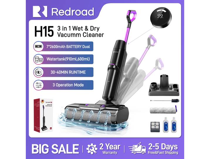Aspirateur intelligent sans fil Redroad H15, aspiration super puissante, auto-nettoyant, double réservoir d'eau, nettoyeur