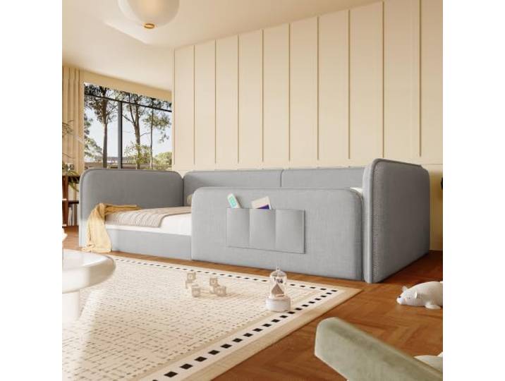 Polsterbett Plattformbett 90x200 Einzelbett Kinderbett mit Stauraum, Grau Multifunktionales Kinderbett Jugendbett 90x200 Einzelbett Funktionsbett mit Stauraum, Ohne Matratze