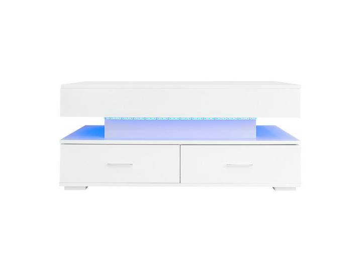 Flieks Couchtisch 100x50cm Hydraulisch Höhenverstellbar Weiß LED Bluetooth, Holz, 58x13.5x109 cm, Wohnzimmer, Wohnzimmertische, Couchtische