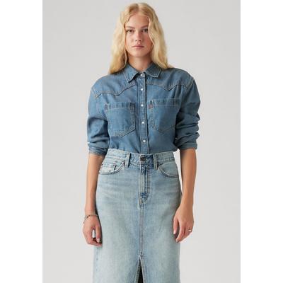 Jeansbluse LEVI'S "TEODORA WESTERN SHIRT", Damen, Gr. M (38), blau (going steady 7), Web, Obermaterial: 60% Lyocell, 40% Baumwolle, hüftbedeckend, Blusen Jeansbluse, mit Druckknöpfen