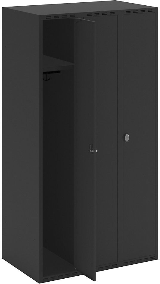 kaiserkraft Spind Fydor, 3 Abteile, schwarz, B 900 mm, flache Dachform, Vorhängeschloss