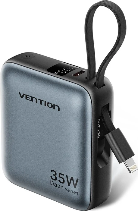 Vention 10000mAh Mini Power Bank (USB-C + USB-C/Lightning) with Built-in USB-C and Lightning Cables