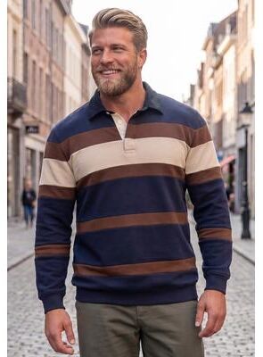 Men's Big & Tall Rugby Sweatshirt by KingSize in Navy Cream Stripe (Size 7XL)
