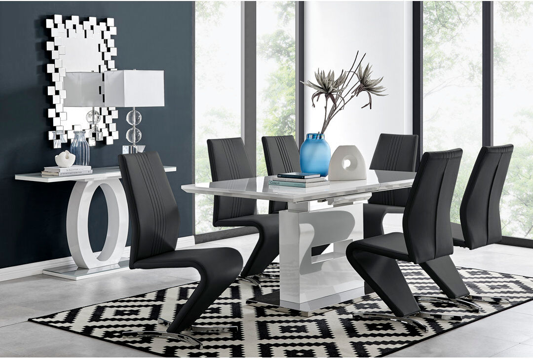 Canora Grey Alezzo Modern High Gloss Extendable Dining Table Set with 6 Modern Design Faux Leather Dining Chairs Black 6