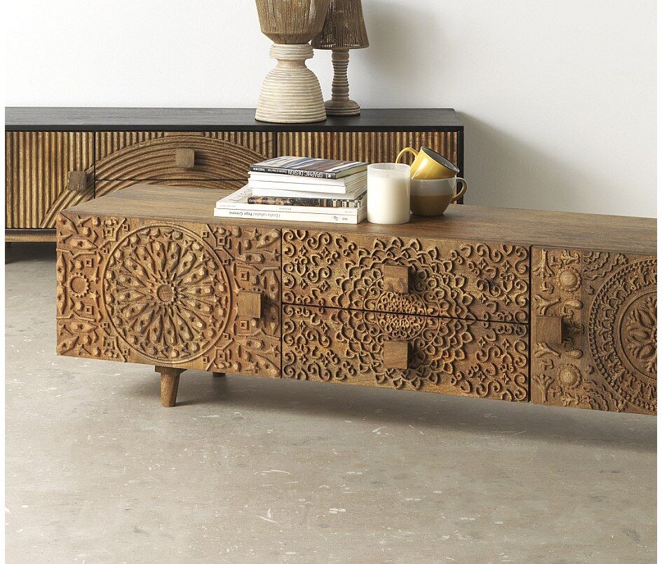 Mueble TV de madera maciza de mango marrón
