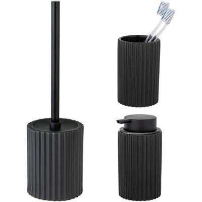 Badaccessoire-Set "»Soliera«", schwarz, geriffelt, Edelstahl, Keramik, SCHÖNER WOHNEN-KOLLEKTION, Badaccessoires-Sets, Zahnputzbecher, Seifenspender & WC-Garnitur, Keramik, Rillenstruktur