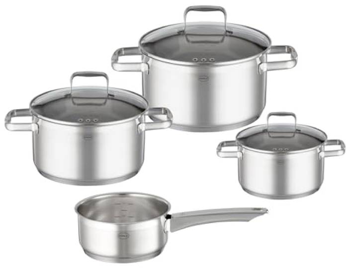RÖSLE CHARM Topf-Set 4-tlg., hochwertiges Universaltopfset mit 3 Kochtöpfen und 1 Stielkasserolle, Edelstahl 18/10, Glasdeckel, Innenskalierung, induktionsgeeignet, spülmaschinengeeignet