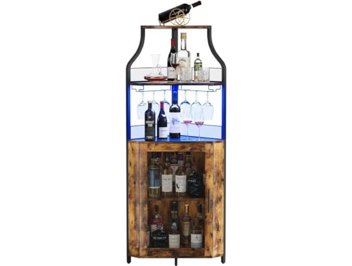 XPJYUA Eck Barschrank Industrieller Eck-Weinbarschrank Mit Glasflaschenhaltern, verstellbaren Regalen, Metalltüren, freistehend