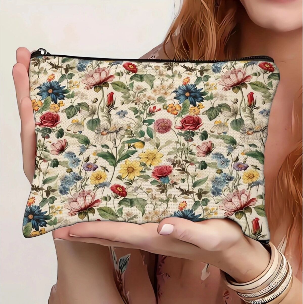 INF Florale Canvas-Kosmetiktasche mit 2D-Digitaldruck, großem Fassungsvermögen und erweiterbarem Innenraum