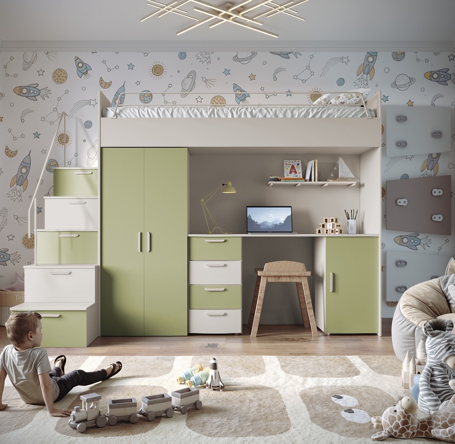 Etagenbett FELIX 4S, Hochglanz Kinderbett, Hochbett, OHNE Matratze und Lattenrost (Kaschmir + Oliven , Matt)