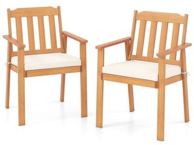 Costway 2 Pieces Patio Dining Chairs Outdoor Acacia Wood Chairs-White
