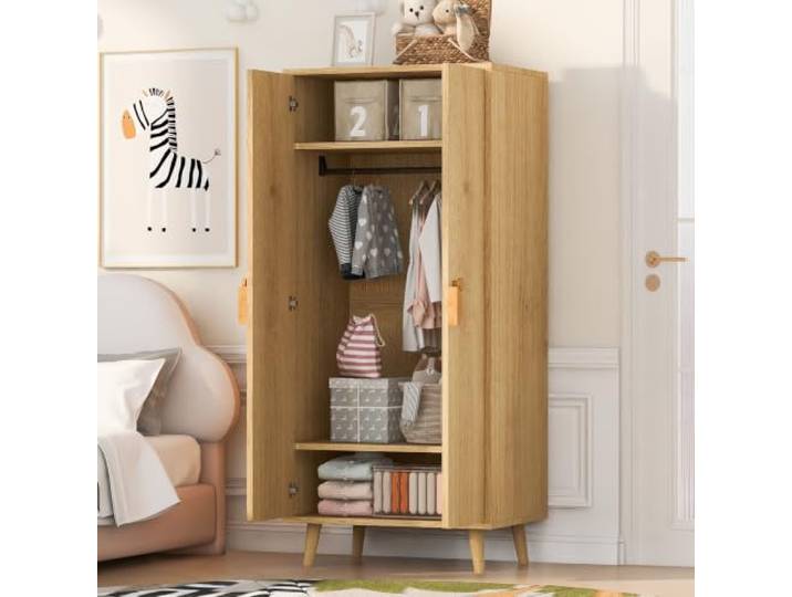 BXEYXE Kleiderschrank 70 × 55 × 170 cm, Doppeltür-Design mit großen Staufächern, Cartoon-förmige Griffe und erhöhte Füße, Holzfarbe