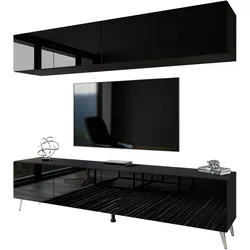 WOHNWÄNDE AURA PUSH-OPEN Schwarz Hochglanz mit LED-Beleuchtung – Füße in Chrom