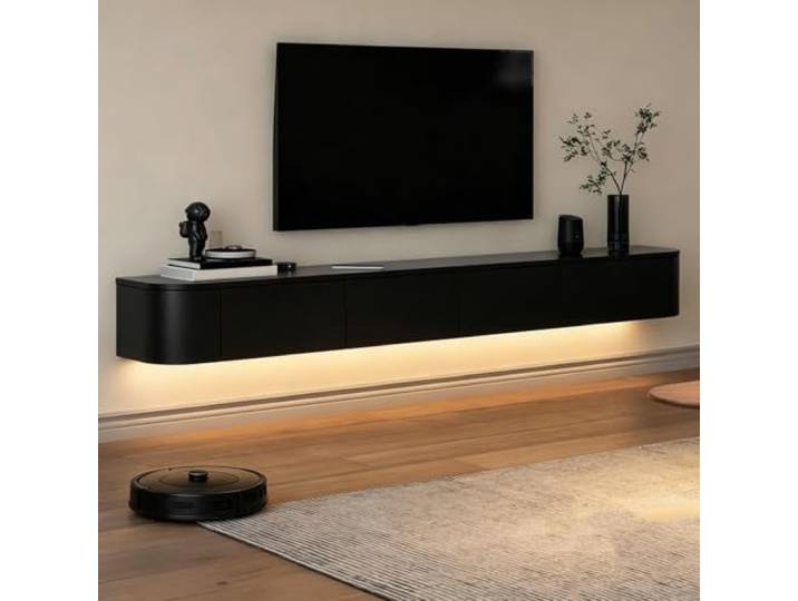 SZKTHD Schwebendes TV-Möbel, Wandmontierter TV-Schrank Mit Verfügt über eine seitlich zu öffnende Tür für zusätzlichen Stauraum und eine Kabeldurchführung(Black-A,220*20*30cm)